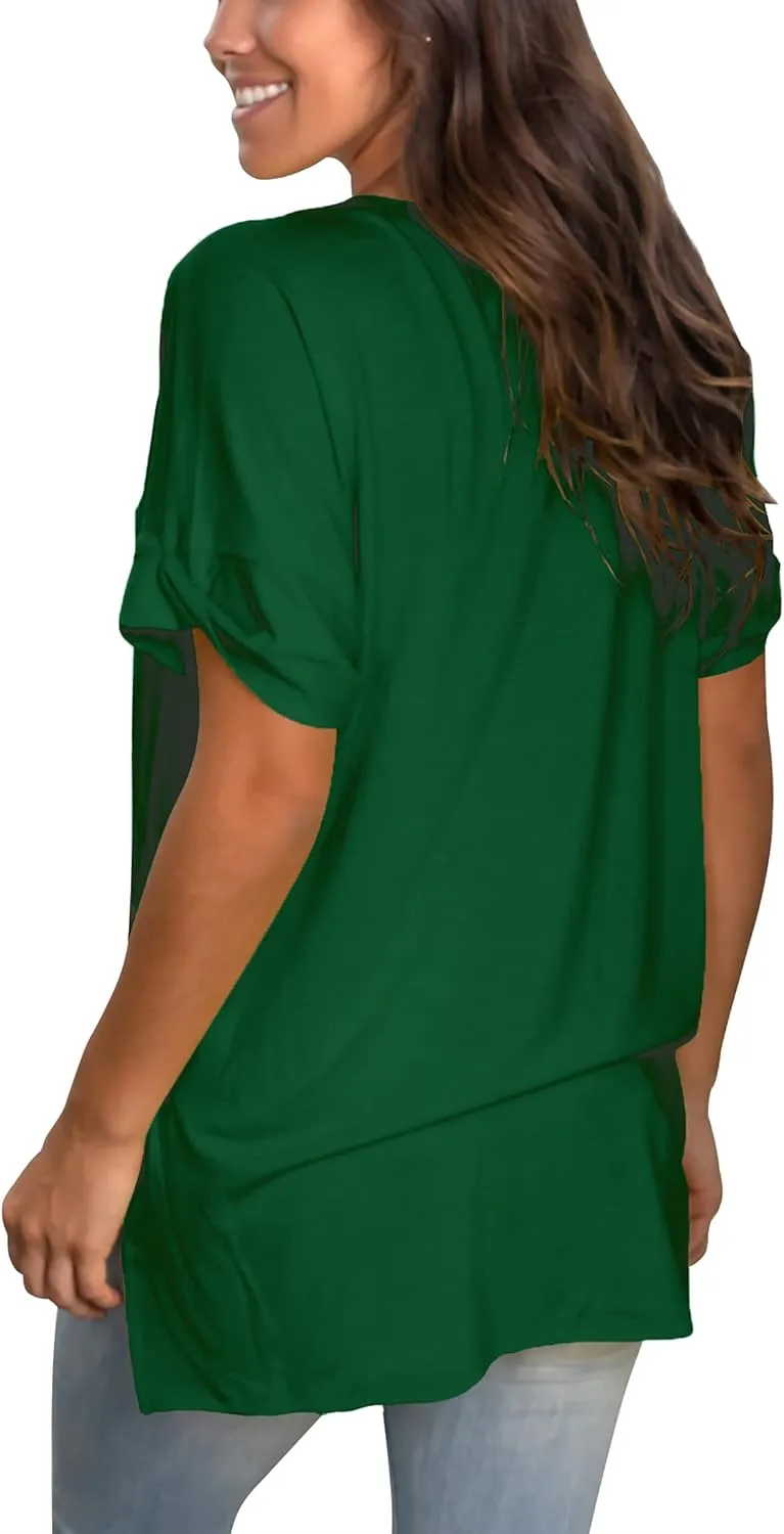 SAMPEEL Women's V Neck T Shirts Casual Rolled Short Sleeve Side Split Summer Tops Loose Fit