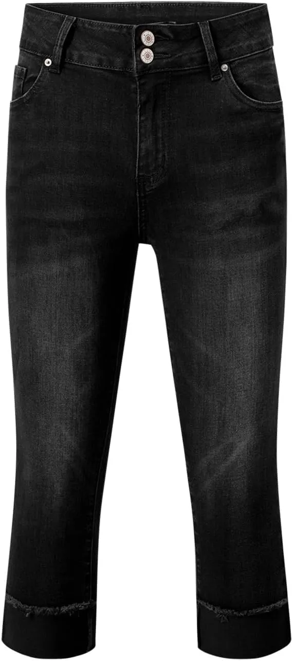 Sidefeel Women's Capri Jeans High Waisted Stretchy Roll-up Skinny Cuffed Cropped Zimbaplatinum Summer Capri Pants