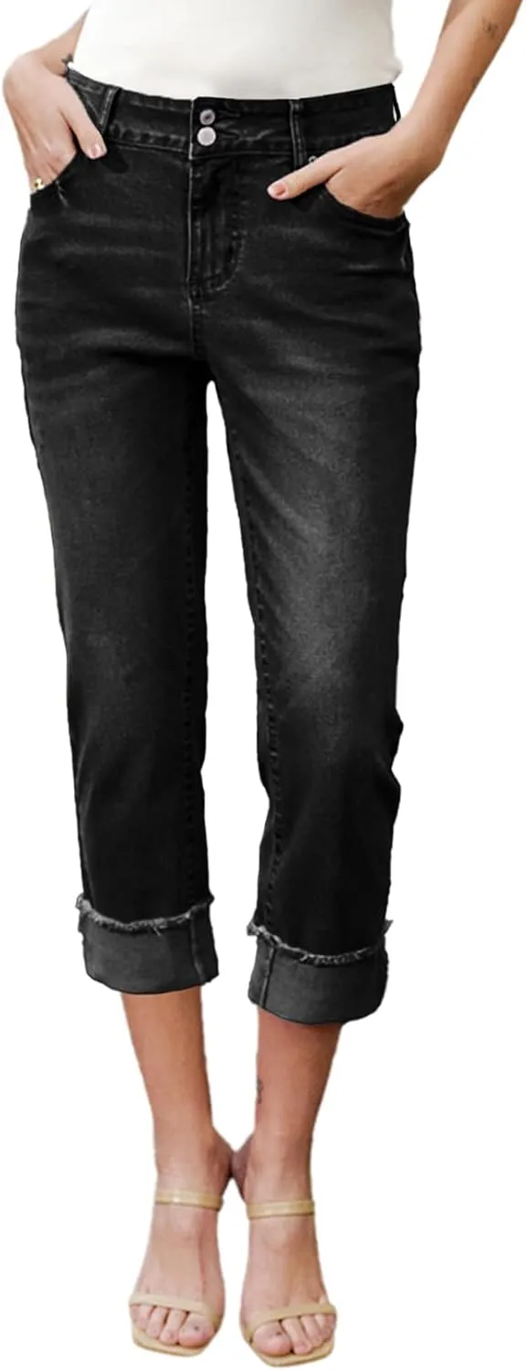 Sidefeel Women's Capri Jeans High Waisted Stretchy Roll-up Skinny Cuffed Cropped Zimbaplatinum Summer Capri Pants
