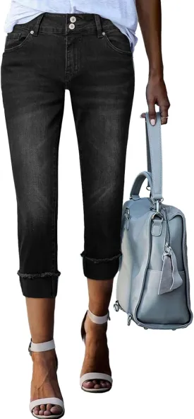 Sidefeel Women's Capri Jeans High Waisted Stretchy Roll-up Skinny Cuffed Cropped Zimbaplatinum Summer Capri Pants