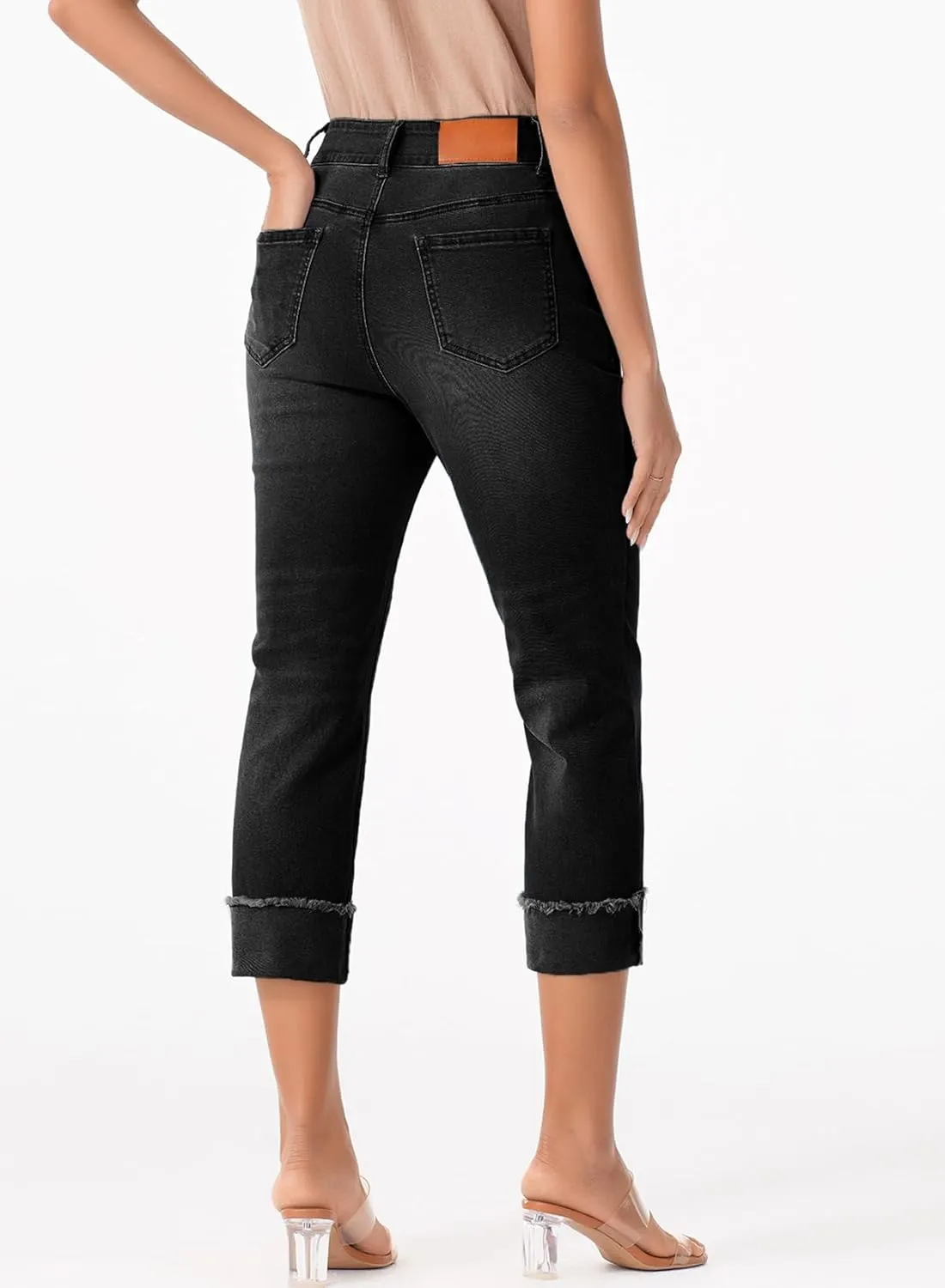 Sidefeel Women's Capri Jeans High Waisted Stretchy Roll-up Skinny Cuffed Cropped Zimbaplatinum Summer Capri Pants