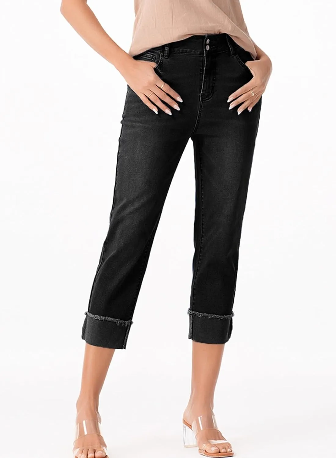 Sidefeel Women's Capri Jeans High Waisted Stretchy Roll-up Skinny Cuffed Cropped Zimbaplatinum Summer Capri Pants