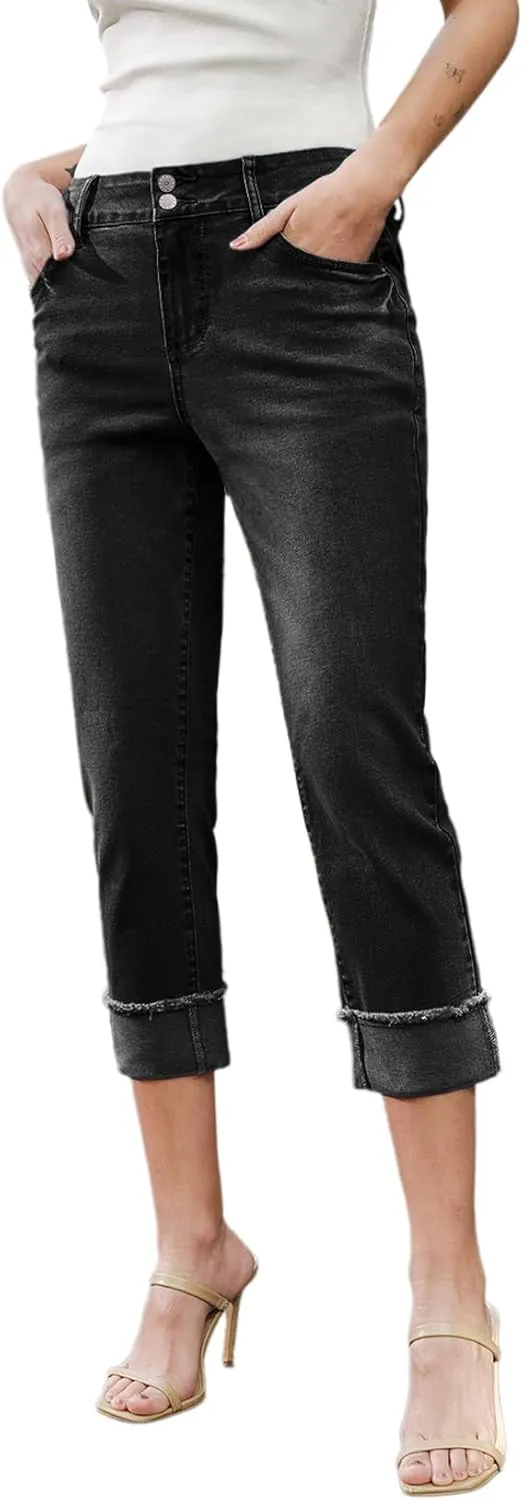 Sidefeel Women's Capri Jeans High Waisted Stretchy Roll-up Skinny Cuffed Cropped Zimbaplatinum Summer Capri Pants