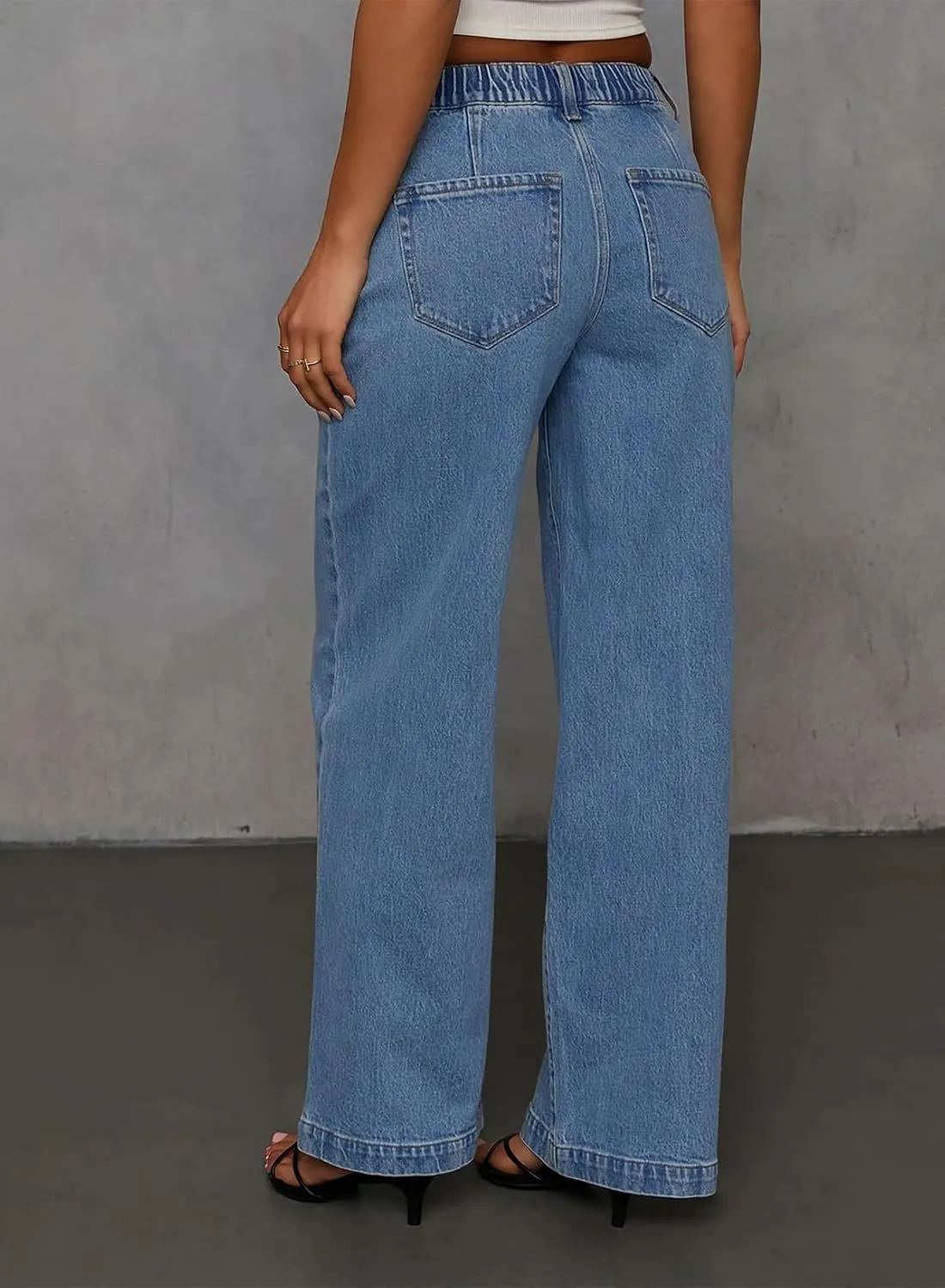 Sidefeel Women's Wide Leg Jeans High Waisted Stretchy Straight Baggy Drawstring Denim Pants