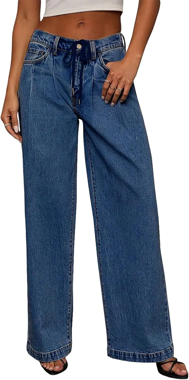 Sidefeel Women's Wide Leg Jeans High Waisted Stretchy Straight Baggy Drawstring Denim Pants