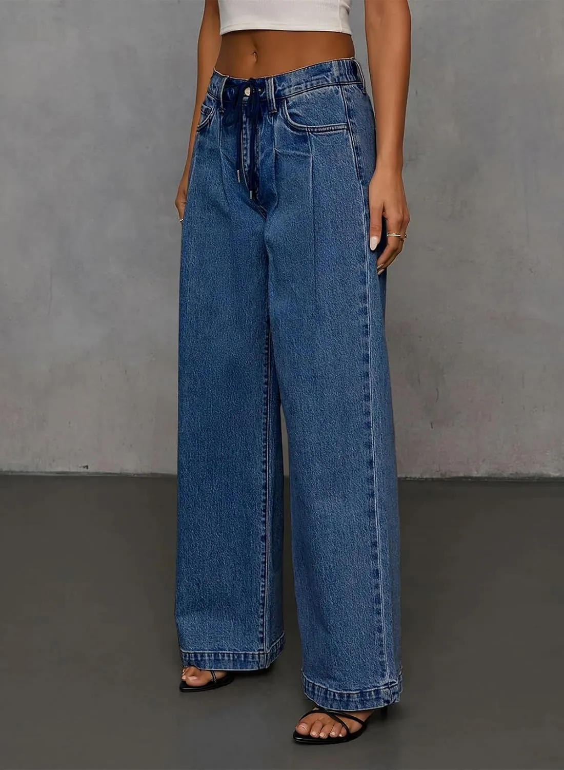 Sidefeel Women's Wide Leg Jeans High Waisted Stretchy Straight Baggy Drawstring Denim Pants