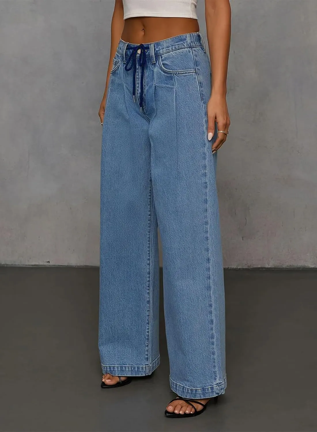 Sidefeel Women's Wide Leg Jeans High Waisted Stretchy Straight Baggy Drawstring Denim Pants