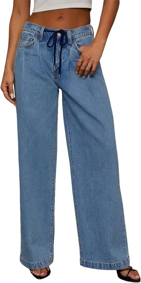 Sidefeel Women's Wide Leg Jeans High Waisted Stretchy Straight Baggy Drawstring Denim Pants