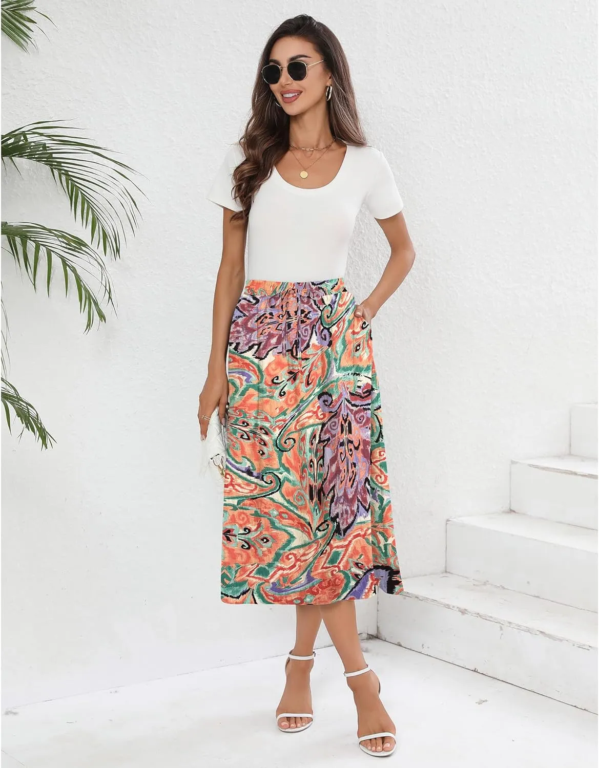 Summer Skirts with Pockets 2025 Boho Midi Length Skirt High Waisted Beach Cover Up for Women Trendy(S-2XL)