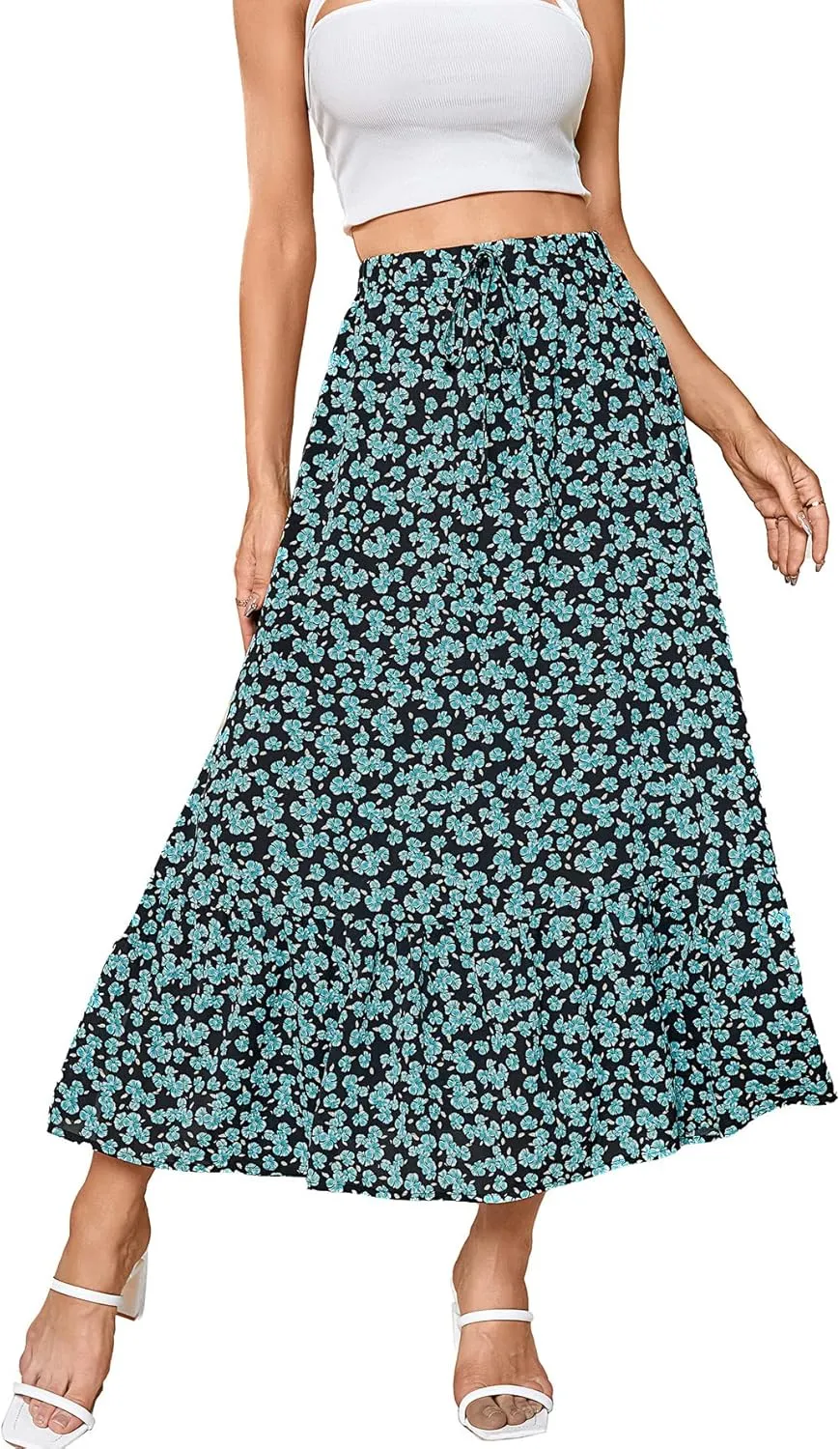 SweatyRocks Women's Casual High Waist Floral Print Skirt Split Thigh A Line Maxi Skirts