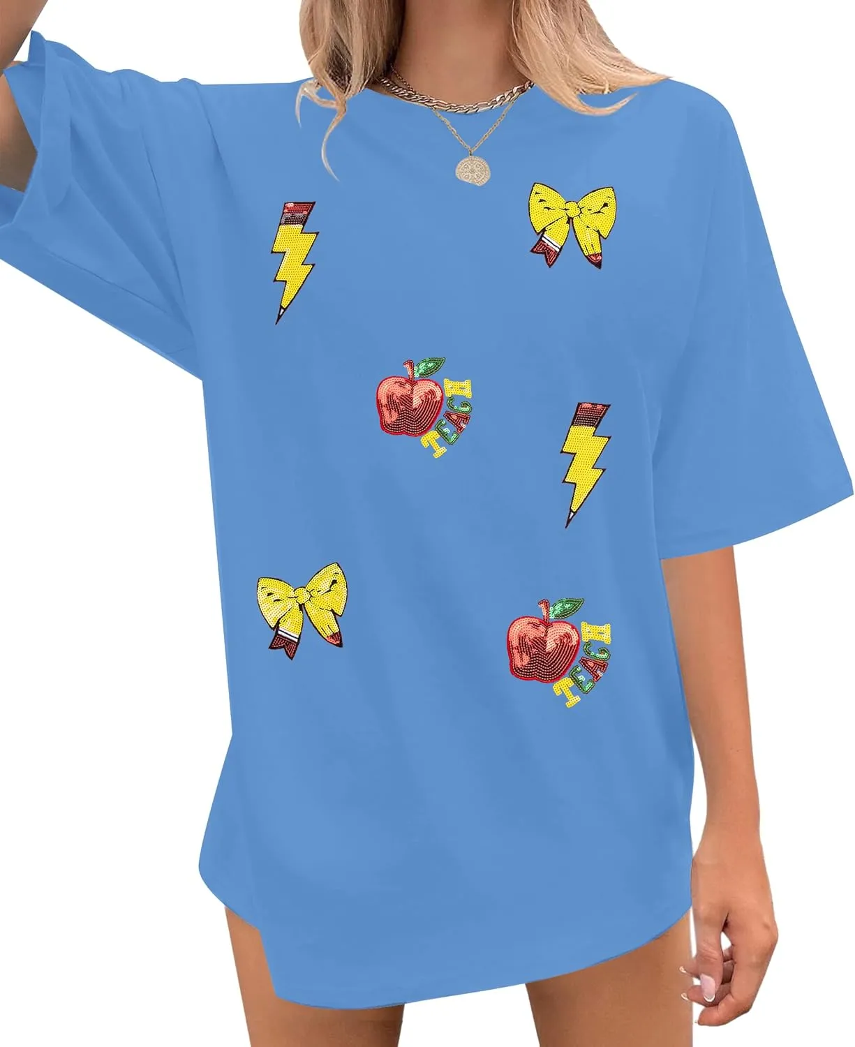 Teacher Shirts Women Oversized Sequin Teach Life T-Shirt Summer Last Day of School Tee Tops