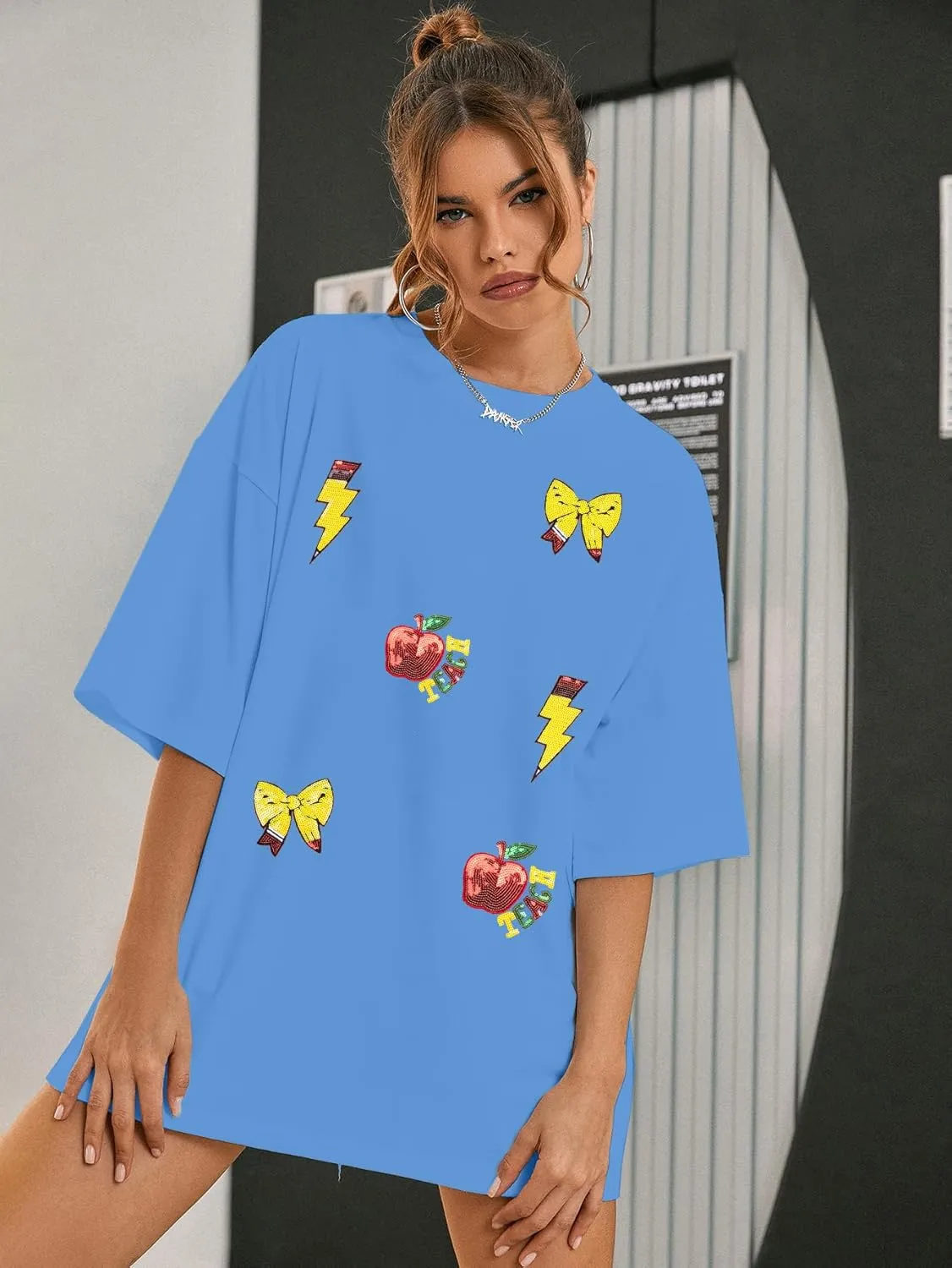 Teacher Shirts Women Oversized Sequin Teach Life T-Shirt Summer Last Day of School Tee Tops