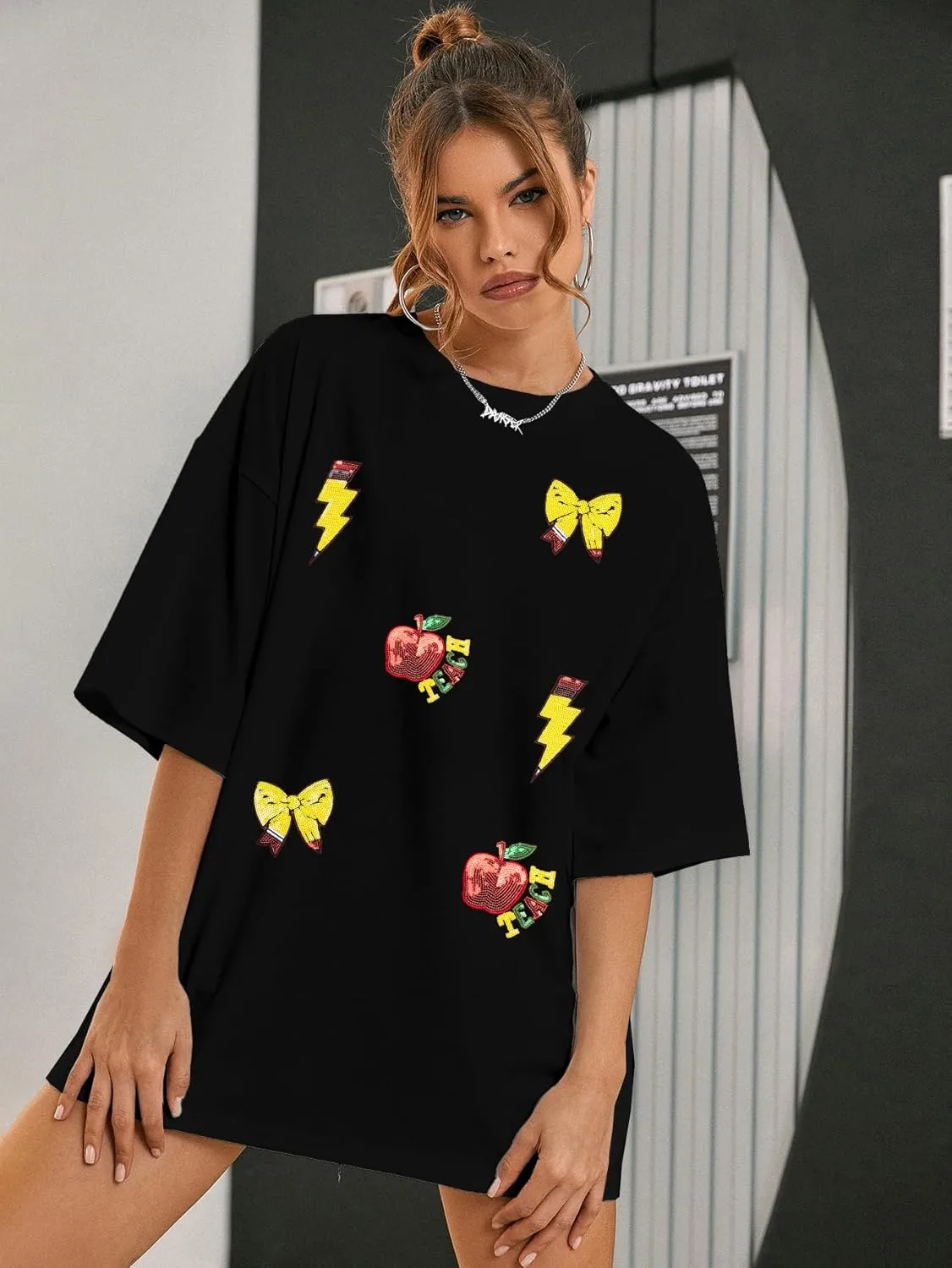 Teacher Shirts Women Oversized Sequin Teach Life T-Shirt Summer Last Day of School Tee Tops