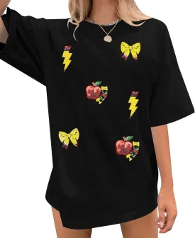 Teacher Shirts Women Oversized Sequin Teach Life T-Shirt Summer Last Day of School Tee Tops