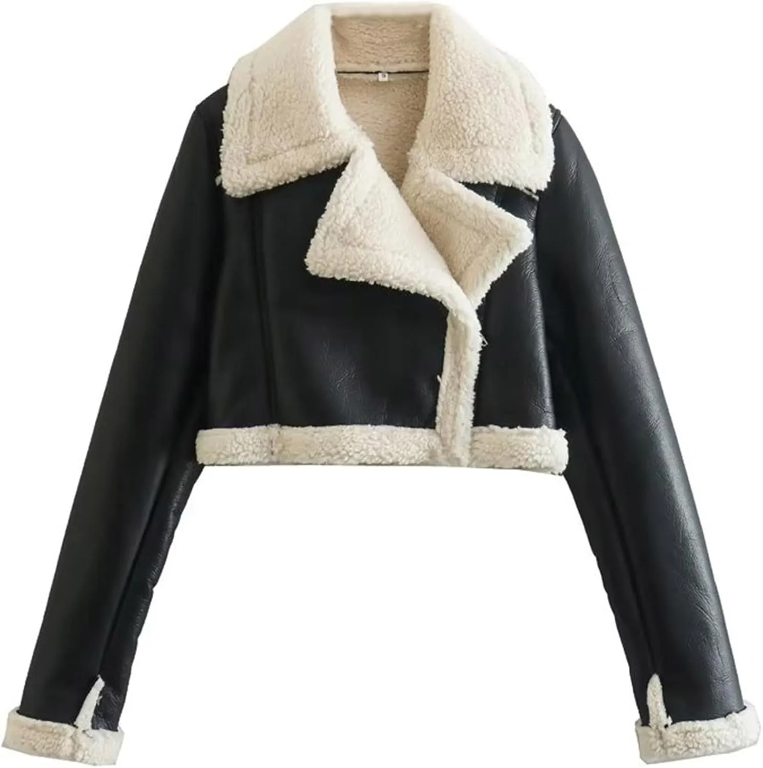Uillui Womens Winter Cropped Leather Jacket Teen Girls Warm Sherpa Lined Short Moto Jacket Shearling Fluffy Crop Bomber Coat