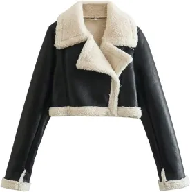 Uillui Womens Winter Cropped Leather Jacket Teen Girls Warm Sherpa Lined Short Moto Jacket Shearling Fluffy Crop Bomber Coat