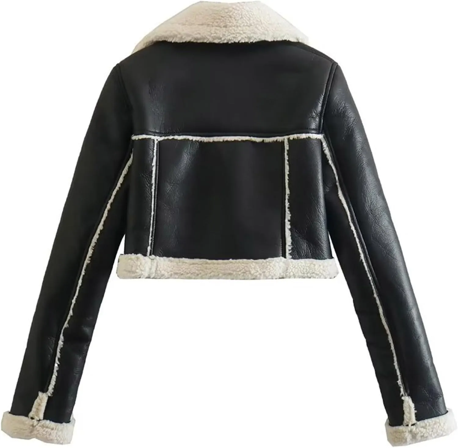 Uillui Womens Winter Cropped Leather Jacket Teen Girls Warm Sherpa Lined Short Moto Jacket Shearling Fluffy Crop Bomber Coat