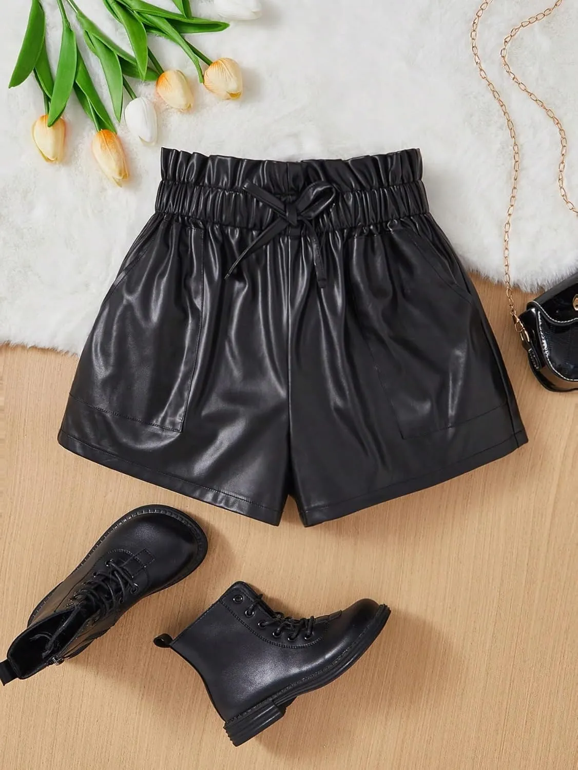 Verdusa Girl's PU Leather Knot Front Elastic Waist Wide Leg Shorts with Pocket