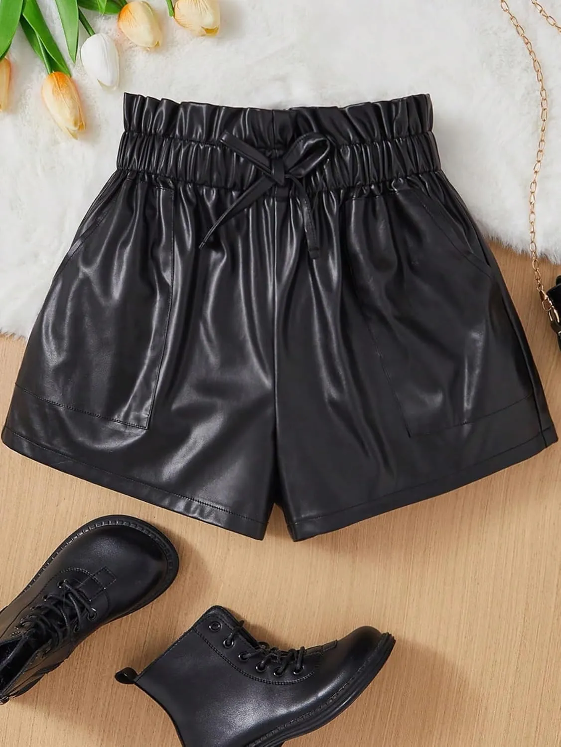 Verdusa Girl's PU Leather Knot Front Elastic Waist Wide Leg Shorts with Pocket