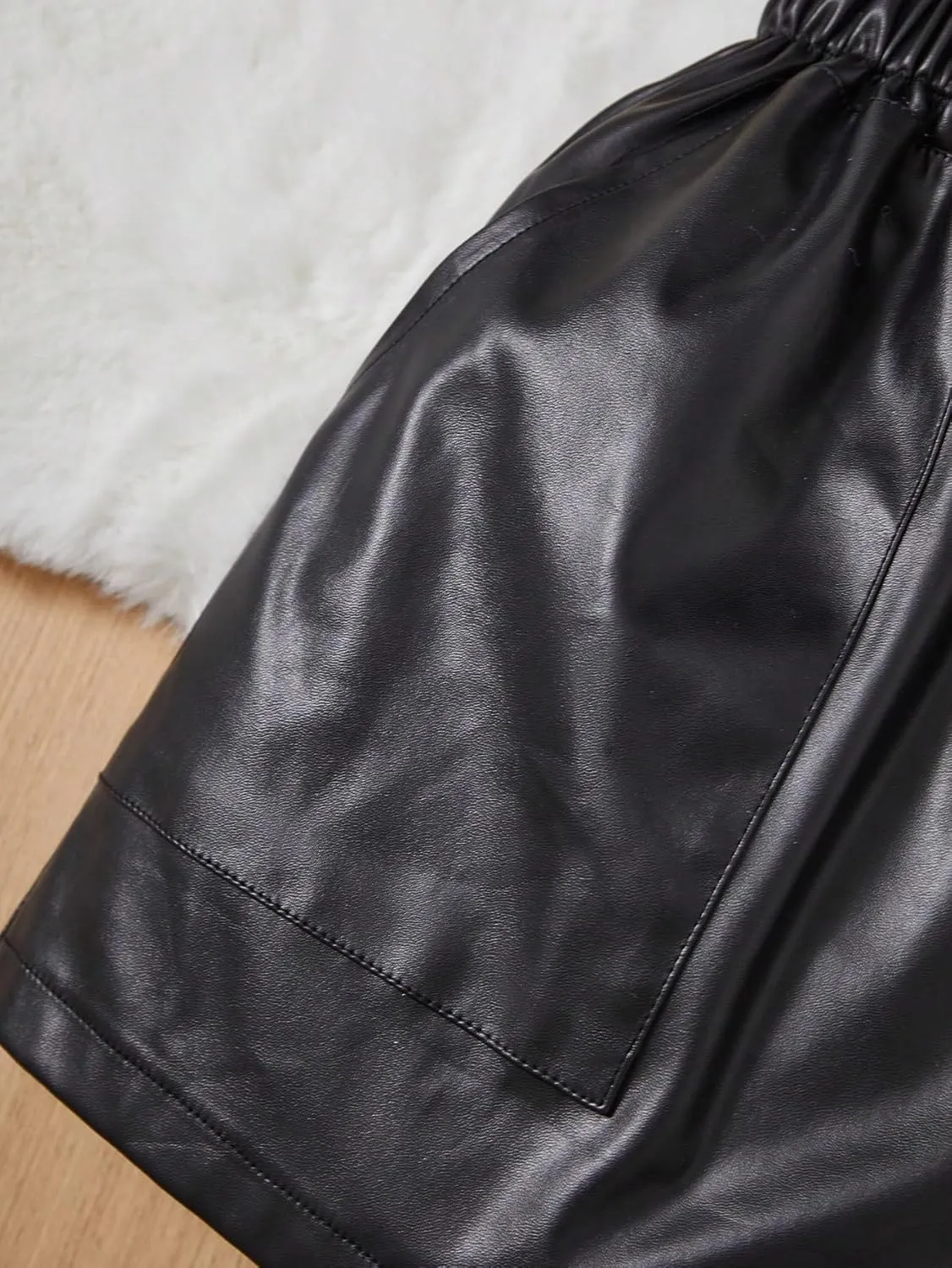 Verdusa Girl's PU Leather Knot Front Elastic Waist Wide Leg Shorts with Pocket