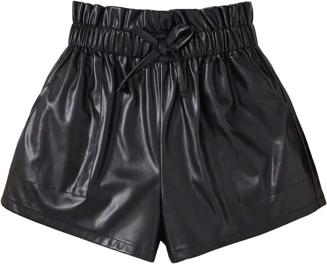 Verdusa Girl's PU Leather Knot Front Elastic Waist Wide Leg Shorts with Pocket