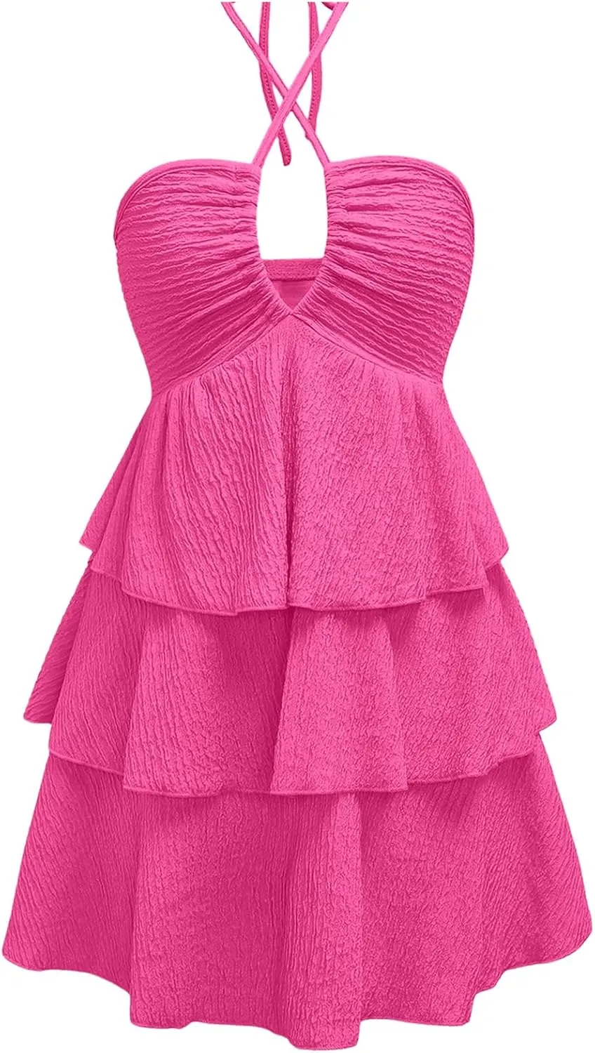Verdusa Women's Wedding Guest Prom Halter Dress Tiered Layered Textured Backless Flowy Short Summer Dress