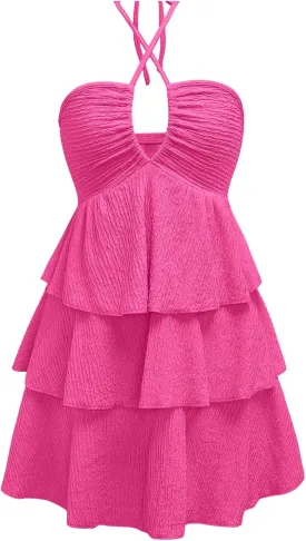 Verdusa Women's Wedding Guest Prom Halter Dress Tiered Layered Textured Backless Flowy Short Summer Dress