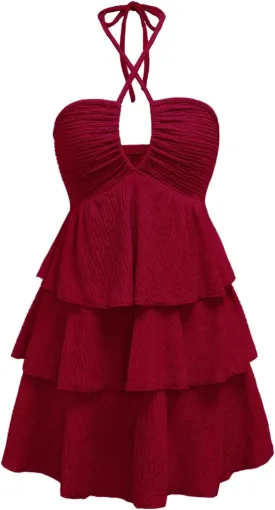 Verdusa Women's Wedding Guest Prom Halter Dress Tiered Layered Textured Backless Flowy Short Summer Dress
