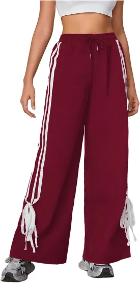 WDIRARA Women's Side Striped Bowknot Track Streetwear Pant Drawstring Waist Wide Leg Long Pants Workout