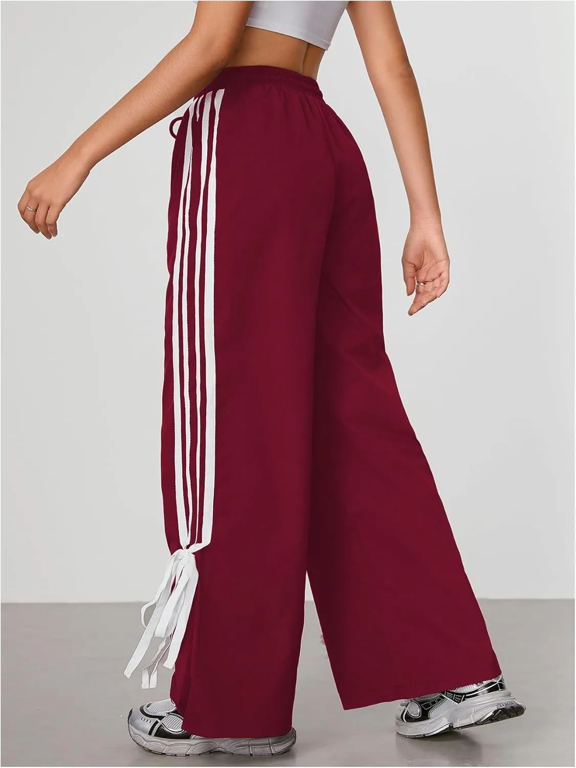 WDIRARA Women's Side Striped Bowknot Track Streetwear Pant Drawstring Waist Wide Leg Long Pants Workout
