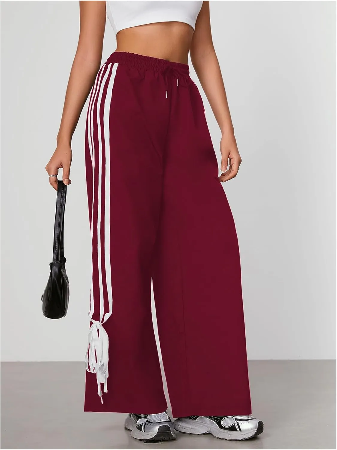 WDIRARA Women's Side Striped Bowknot Track Streetwear Pant Drawstring Waist Wide Leg Long Pants Workout