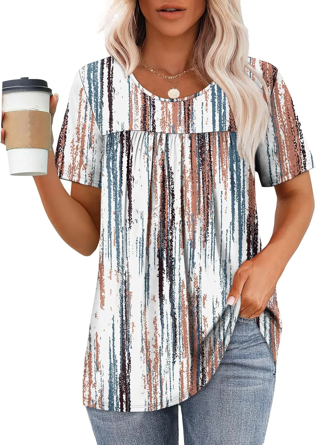 WIHOLL Womens Tops Short Sleeve T Shirts Pleated Dressy Casual Round Neck Summer Clothes Outfits Blouses Loose Fit