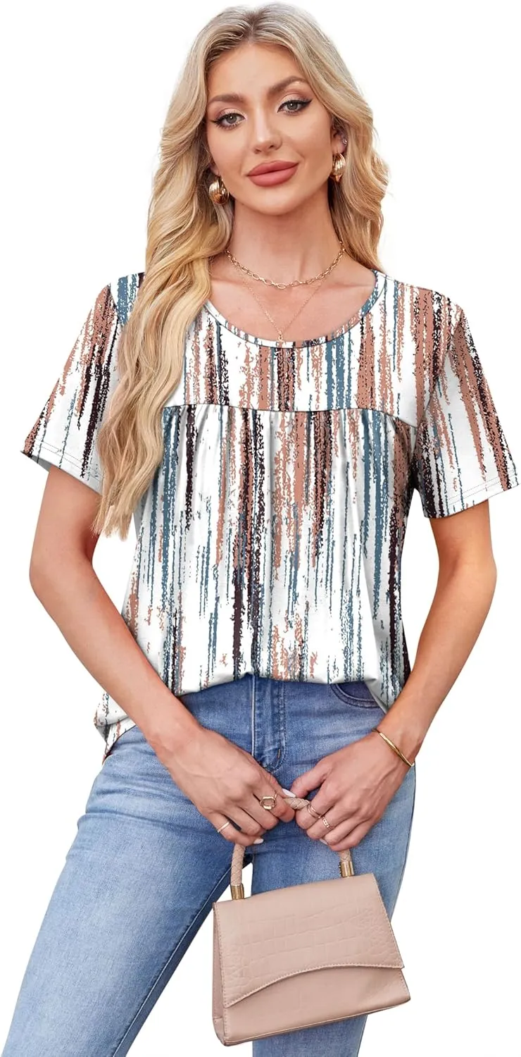 WIHOLL Womens Tops Short Sleeve T Shirts Pleated Dressy Casual Round Neck Summer Clothes Outfits Blouses Loose Fit