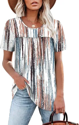 WIHOLL Womens Tops Short Sleeve T Shirts Pleated Dressy Casual Round Neck Summer Clothes Outfits Blouses Loose Fit