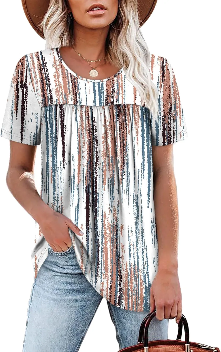 WIHOLL Womens Tops Short Sleeve T Shirts Pleated Dressy Casual Round Neck Summer Clothes Outfits Blouses Loose Fit