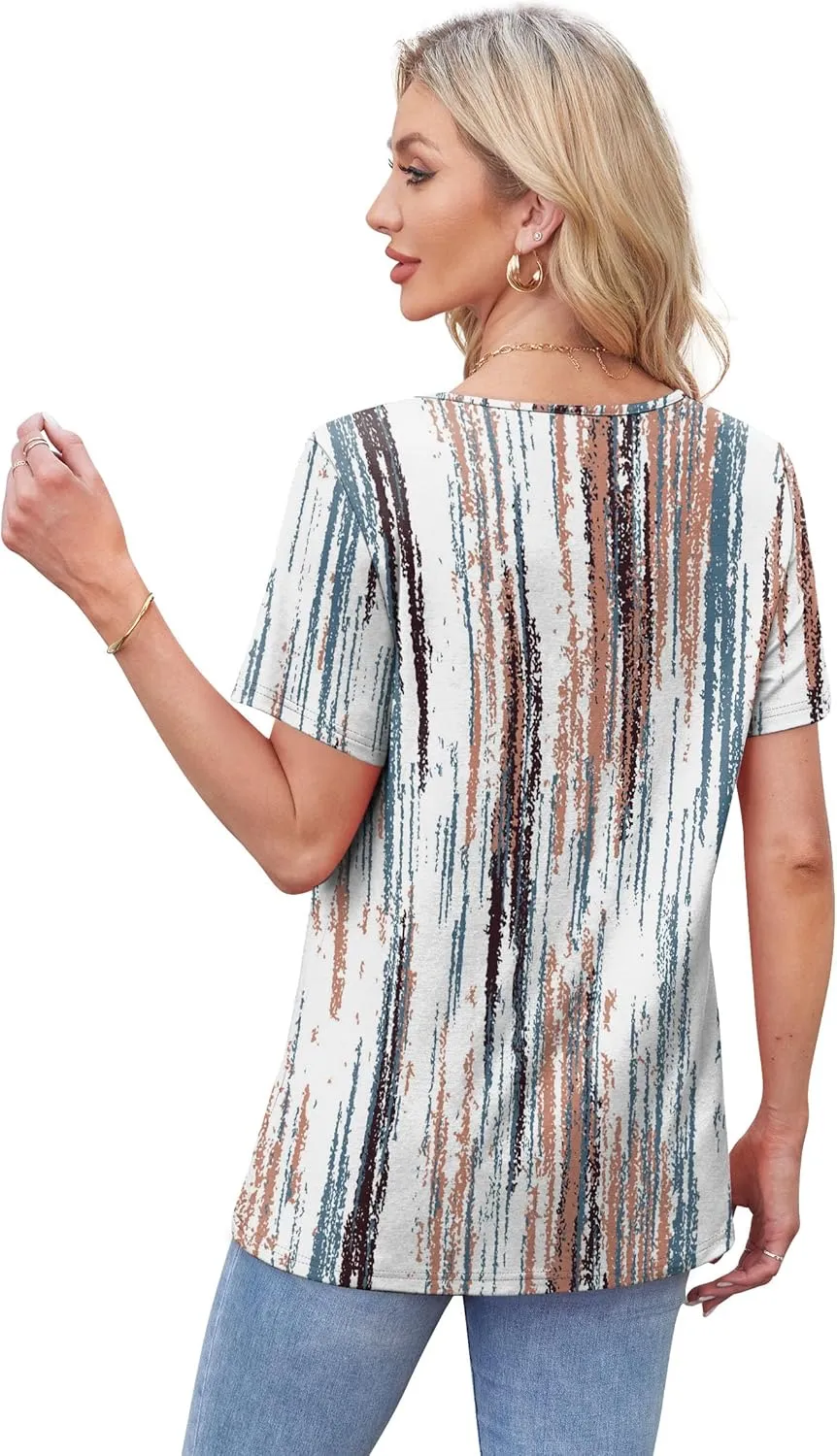 WIHOLL Womens Tops Short Sleeve T Shirts Pleated Dressy Casual Round Neck Summer Clothes Outfits Blouses Loose Fit