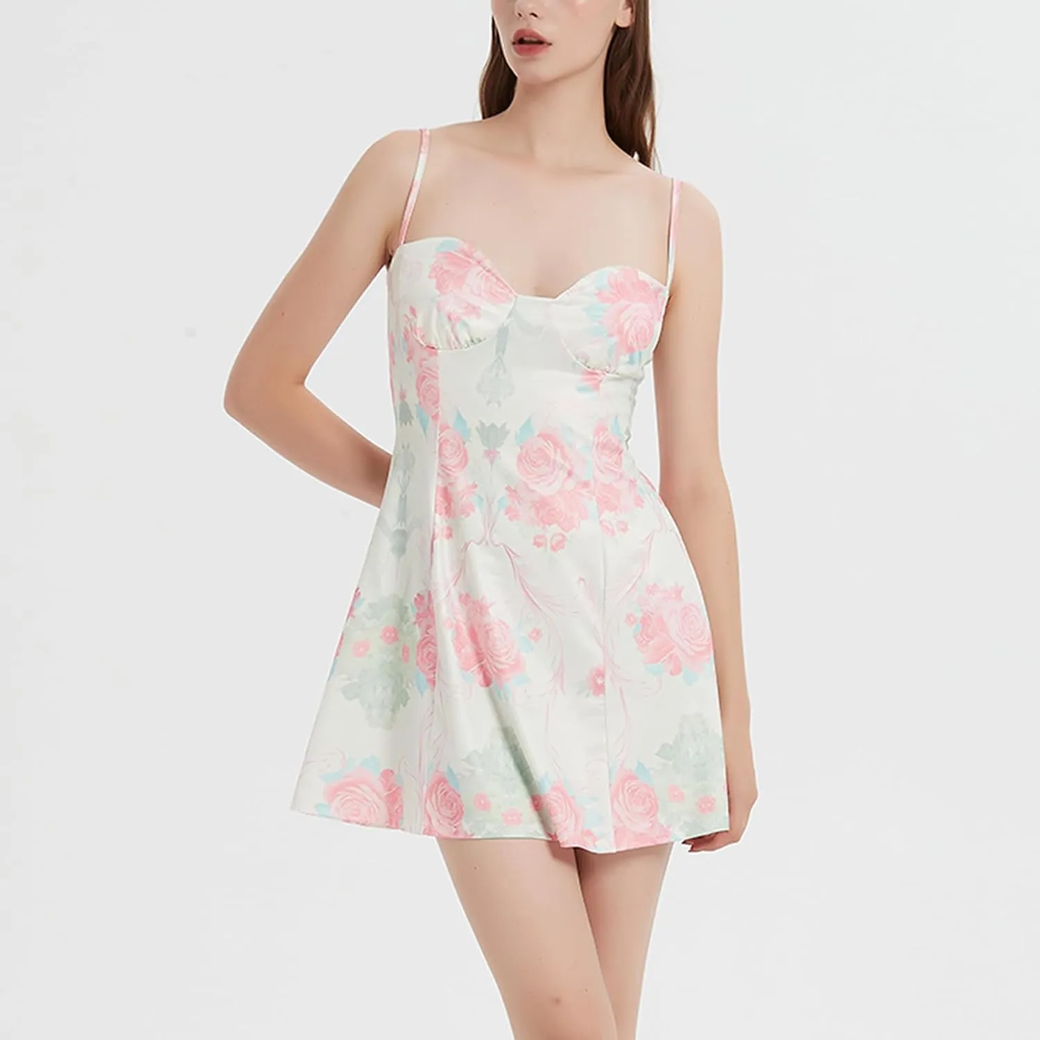 Women Floral Mini Dress Bohemian Spaghetti Strap Sleeveless Bodycon A-Line Dress Short Cami Swing Dress Clubwear Y2K