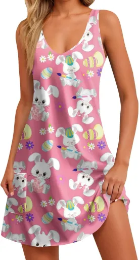 Women Summer Dresses Printed V Neck Sundress Sleeveless Casual Swimsuit Coverup Beach Vacation Dress with Pocket
