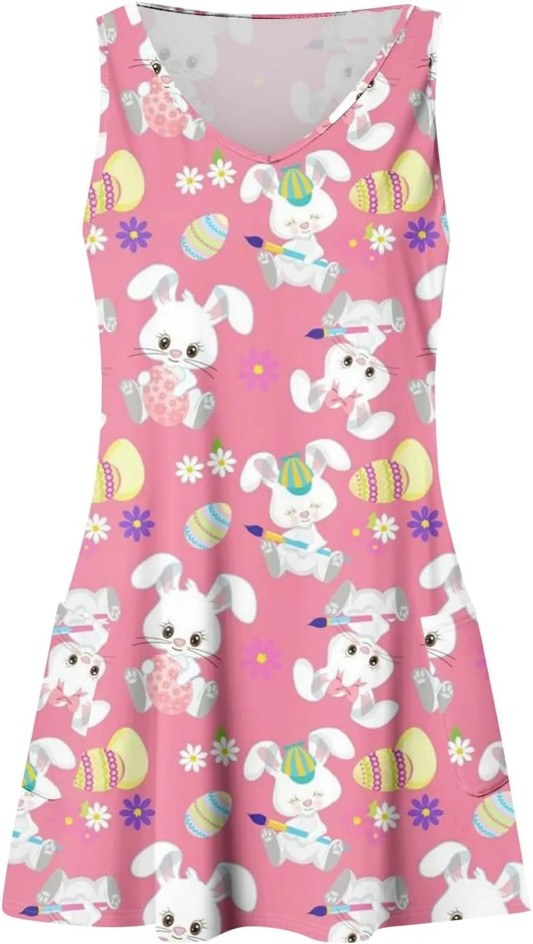 Women Summer Dresses Printed V Neck Sundress Sleeveless Casual Swimsuit Coverup Beach Vacation Dress with Pocket