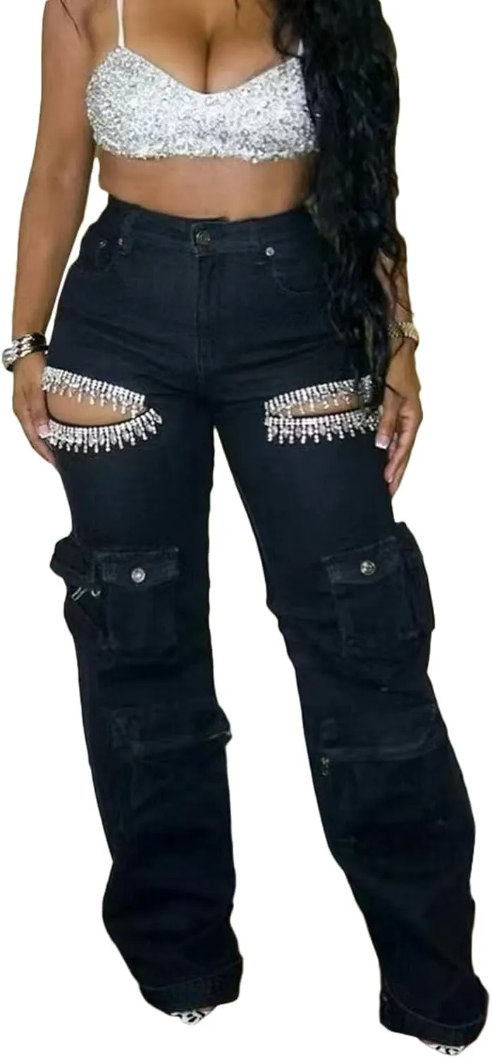 Women's High Waisted Sequin Fringe Jeans Baggy Straight Leg Sparkly Tassels Denim Pants Y2K Streetwear