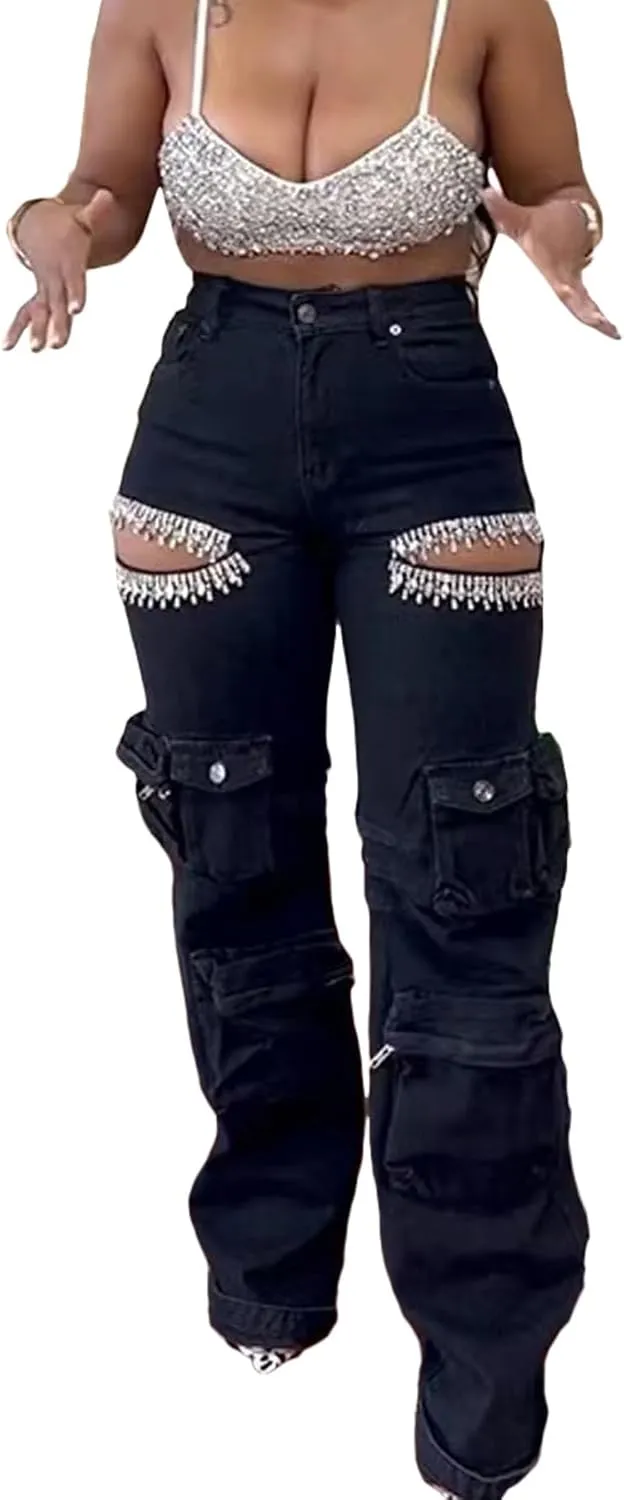 Women's High Waisted Sequin Fringe Jeans Baggy Straight Leg Sparkly Tassels Denim Pants Y2K Streetwear