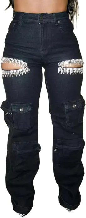 Women's High Waisted Sequin Fringe Jeans Baggy Straight Leg Sparkly Tassels Denim Pants Y2K Streetwear