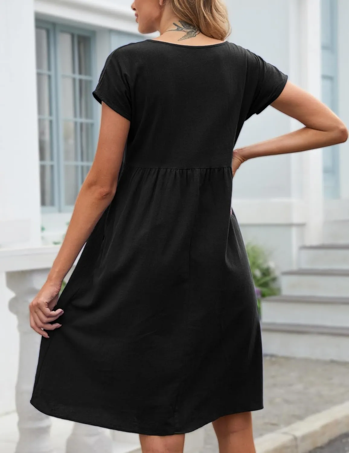 Women's Summer Dresses Midi Casual Cap Sleeve Crewneck A Line Swing Flowy Beach Sundress with Pockets