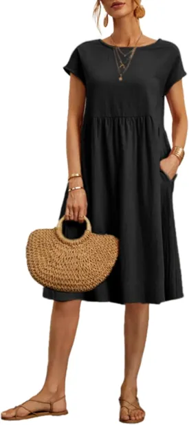 Women's Summer Dresses Midi Casual Cap Sleeve Crewneck A Line Swing Flowy Beach Sundress with Pockets