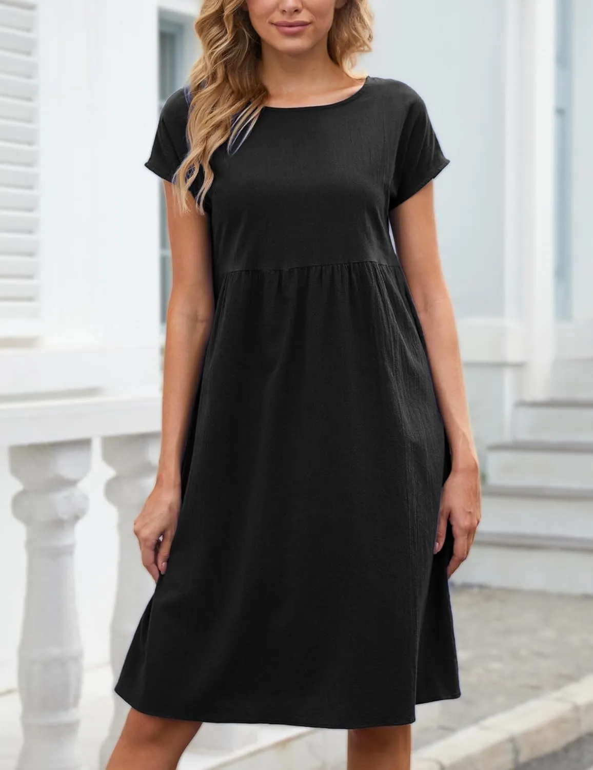 Women's Summer Dresses Midi Casual Cap Sleeve Crewneck A Line Swing Flowy Beach Sundress with Pockets