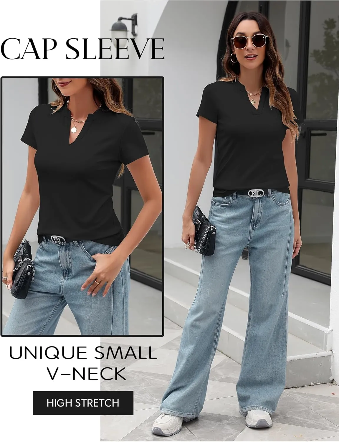 Women's V Neck T-Shirts 2025 Trendy Summer Short Sleeve Casual Tees Slim Fit Basic Tops for Work